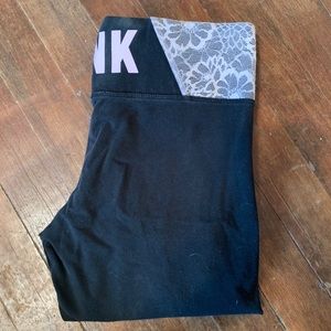 PINK Leggings with White Flower Stitching, logo